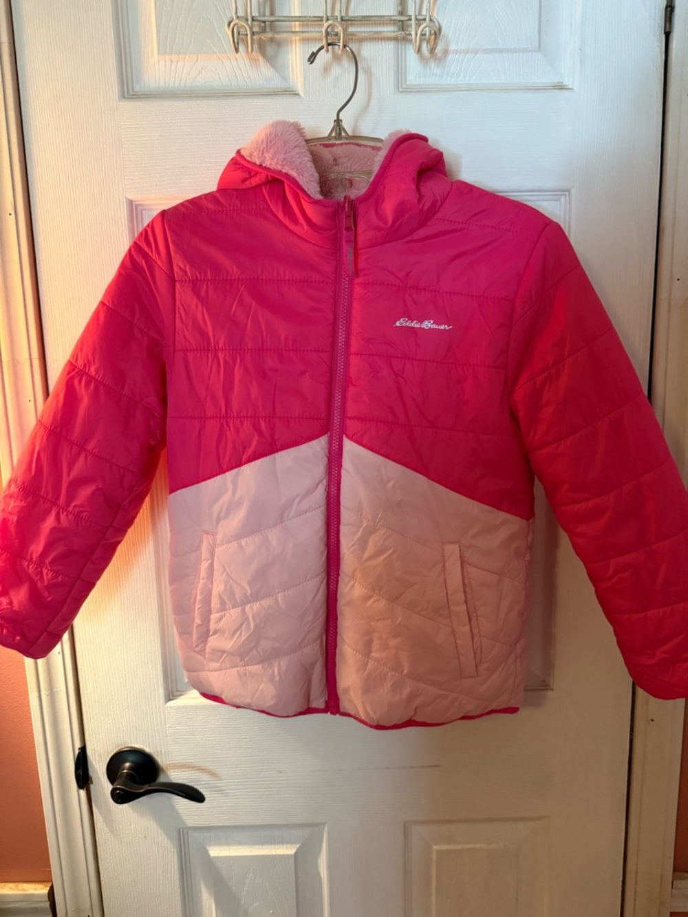 Eddie Bauer Girls' 10-12 Pink Hooded coat reversible- light pink fleece